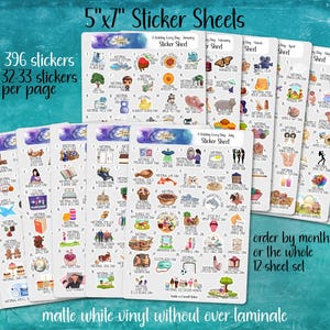 May include: A set of 5" x 7" sticker sheets with various holiday-themed illustrations. Each sheet contains 32-33 stickers, with a total of 396 stickers. The stickers are matte white vinyl without over-laminate. The text on the image says "order by month or the whole 12 sheet set."
