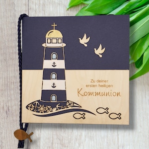 Glückwunschkarte | Grußkarte Kommunion/Konfirmation "Leuchtturm" Holz
