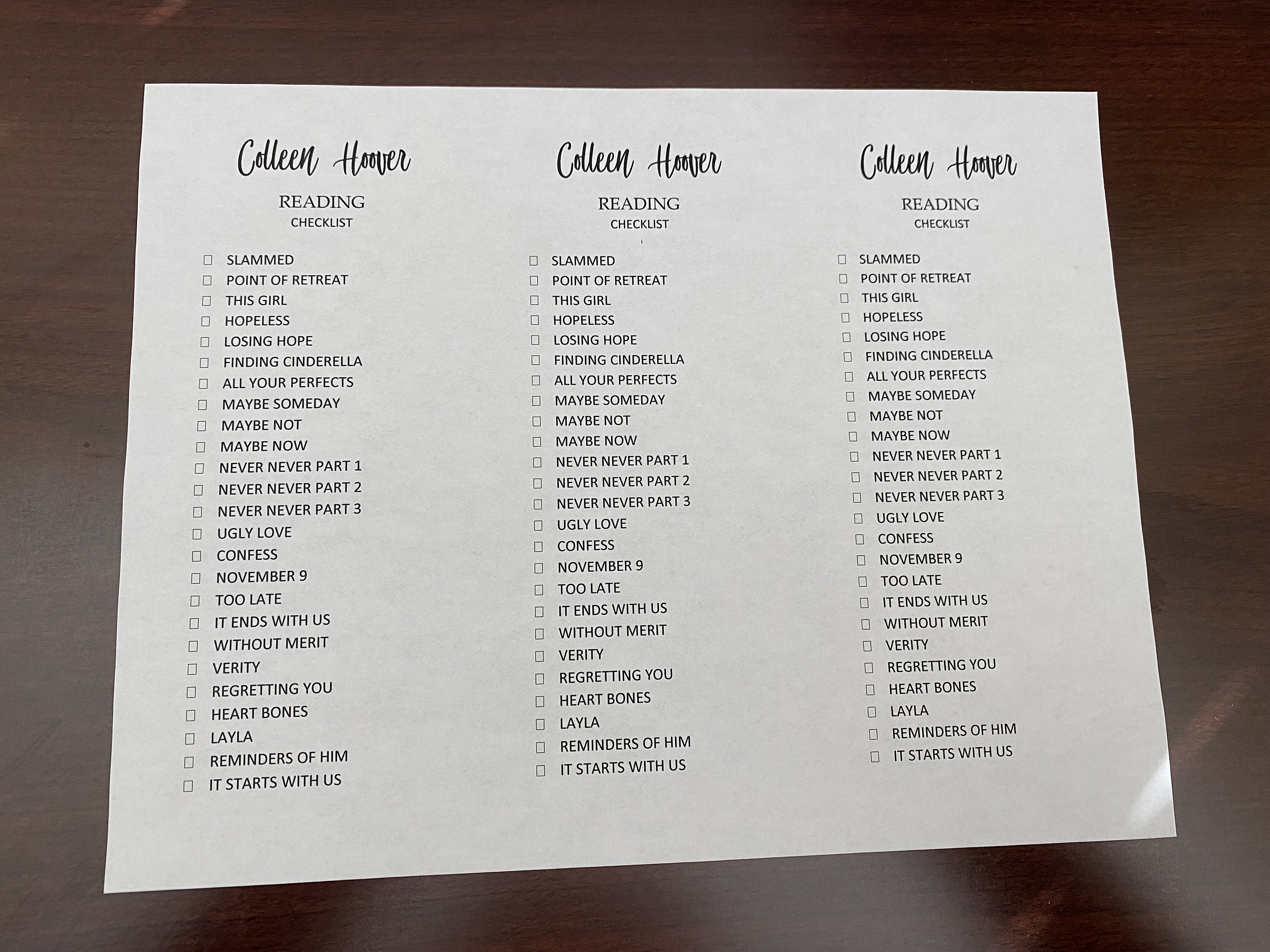 Colleen Hoover Checklist Bookmarks - Etsy