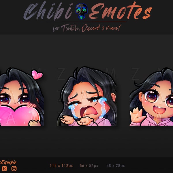 3 X Cute Chibi Girl Emotes / Caramel Skin Black Hair Brown Eyes Pink Hoodie / Twitch Discord Youtube Streamer Emotes