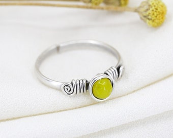 Dainty Yellow Agate Natural Stone Antique Silver Adjustable Ring