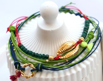 Gold Shell Bracelet Set With Jade Beads, Adjustable Cord Bracelet with Tassel Charm