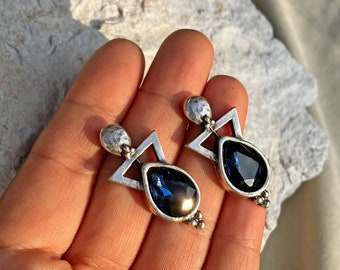 Navy Blue Glass Crystal Teardrop Antique Silver Earrings