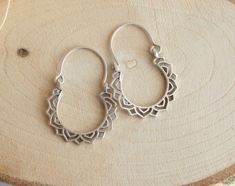 Geometric Ethnic Boho Hoop Antique Silver Earrings