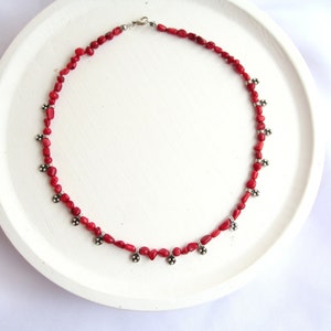 Coral Beaded Antique Silver Necklace, Natural Stone Beaded Necklace image 1