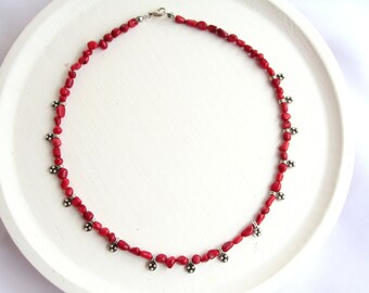 Coral Beaded Antique Silver Necklace, Natural Stone Beaded Necklace