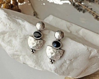 Ethnic Dangle Antique Silver Earrings, Black Glass Crystal  earrings