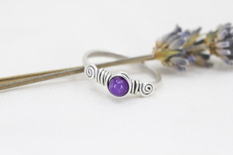 Amethyst Natural Stone Antique Silver Adjustable Wire Wrapped Ring image 2