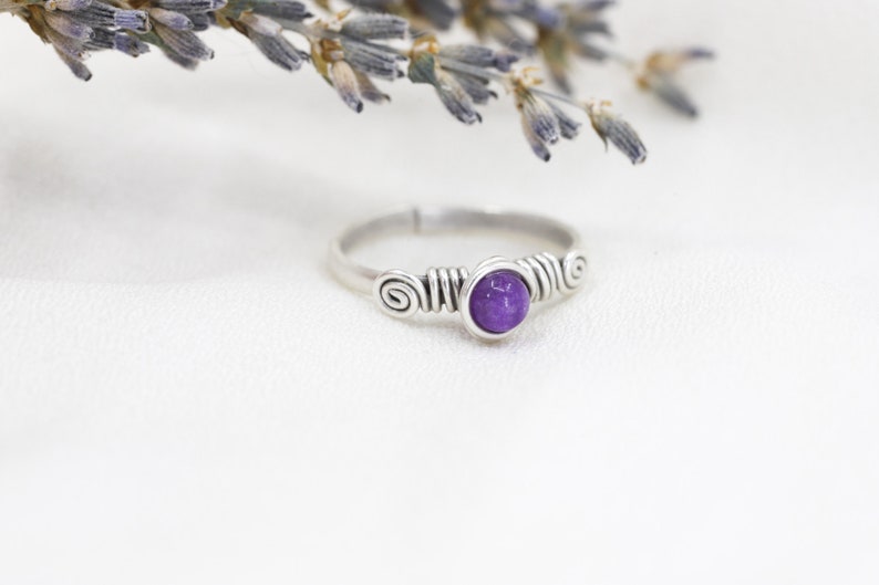 Amethyst Natural Stone Antique Silver Adjustable Wire Wrapped Ring image 3