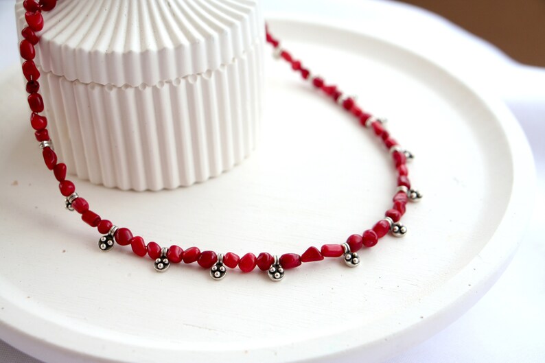 Coral Beaded Antique Silver Necklace, Natural Stone Beaded Necklace image 8