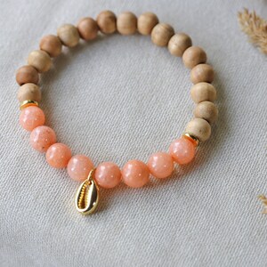 Sandalwood Natural Stone Stretch Bracelets,Bohemian Elastic Stacking Bracelets Pink Jade