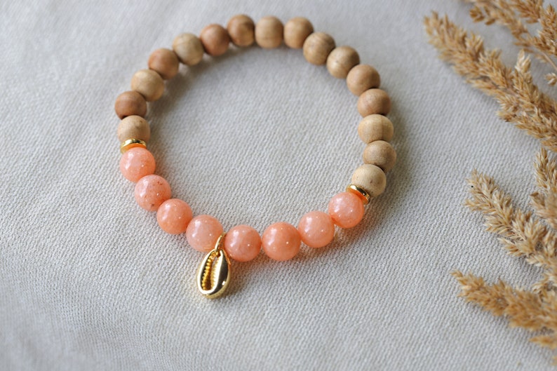 Sandalwood Natural Stone Stretch Bracelets,Bohemian Elastic Stacking Bracelets Pink Jade