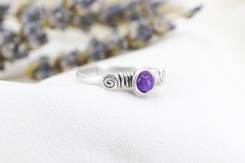 Amethyst Natural Stone Antique Silver Adjustable Wire Wrapped Ring image 1