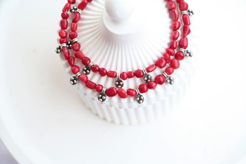 Coral Beaded Antique Silver Necklace, Natural Stone Beaded Necklace image 2