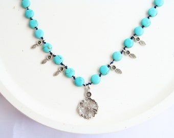 Turquoise Antique Silver Necklace, Natural Stone Beaded Necklace, Adjustable Necklace