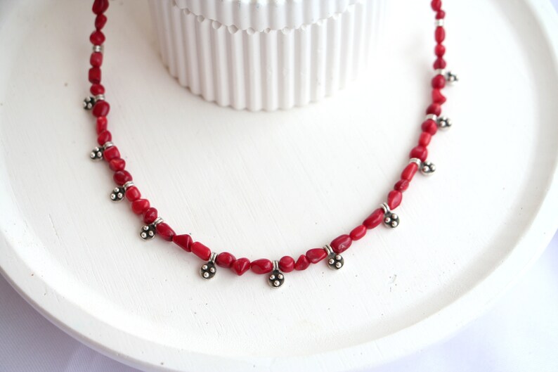 Coral Beaded Antique Silver Necklace, Natural Stone Beaded Necklace image 4