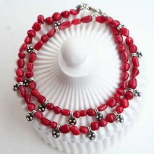 Coral Beaded Antique Silver Necklace, Natural Stone Beaded Necklace image 3