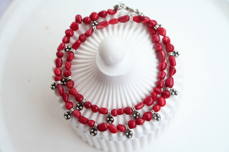 Coral Beaded Antique Silver Necklace, Natural Stone Beaded Necklace image 3