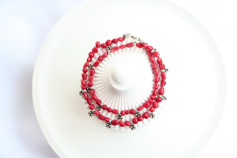 Coral Beaded Antique Silver Necklace, Natural Stone Beaded Necklace image 6