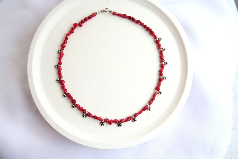 Coral Beaded Antique Silver Necklace, Natural Stone Beaded Necklace image 1