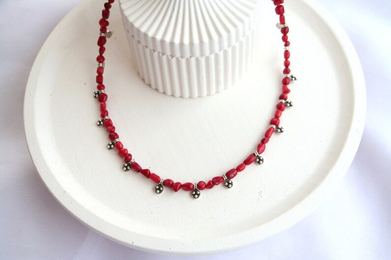 Coral Beaded Antique Silver Necklace, Natural Stone Beaded Necklace image 5