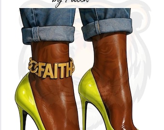 Peut inclure: Illustration de pieds chaussés de talons hauts jaune vif avec un bracelet de cheville doré FAITH, associés à un jean en denim retroussé. Les mots "Walking by Faith" sont écrits dans une police stylisée au-dessus des pieds.