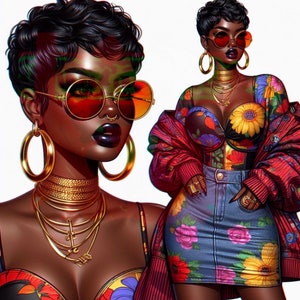 Może przedstawiać: Dwie ilustracje kobiet o krótkich, ciemnych włosach, ubranych w kolorowe ubrania i złotą biżuterię. Jedna kobieta ma na sobie czerwoną kurtkę, kwiatowy gorset, dżinsową spódnicę z kwiatowymi akcentami i okulary przeciwsłoneczne. Druga kobieta ma na sobie kwiatowy top i złoty naszyjnik.