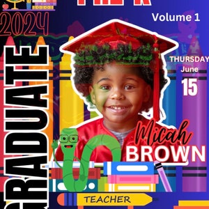 Pode incluir: Um certificado de graduação para um aluno do jardim de infância chamado Micah Brown. O certificado é decorado com lápis de cor, um chapéu de formatura e um professor verme. O certificado é datado de 15 de junho de 2024.