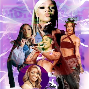 May include: A collage of images featuring a female rapper with the text "GLORILLA" and "GET THE MONEY" in pink letters on a purple background with white lightning bolt designs.