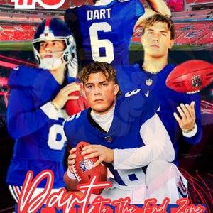 Op de afbeelding: Digitale illustratie met een American footballspeler in een blauw uniform, die een bal vasthoudt. De afbeelding bevat de tekst "#6", "DART", "Dart To The End Zone" en "JAXTON". De achtergrond toont een stadion.