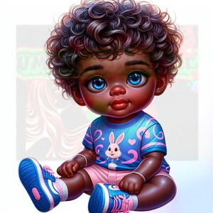 May include: A cartoon illustration of a young child with dark brown curly hair wearing a blue and pink shirt with a white bunny graphic, pink shorts, and blue sneakers.