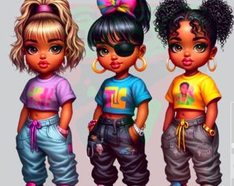 Cute chibi girl urban design png, ragazza melanina, ragazza afro, per sublimazione, clip art, diario, magia ragazza nera