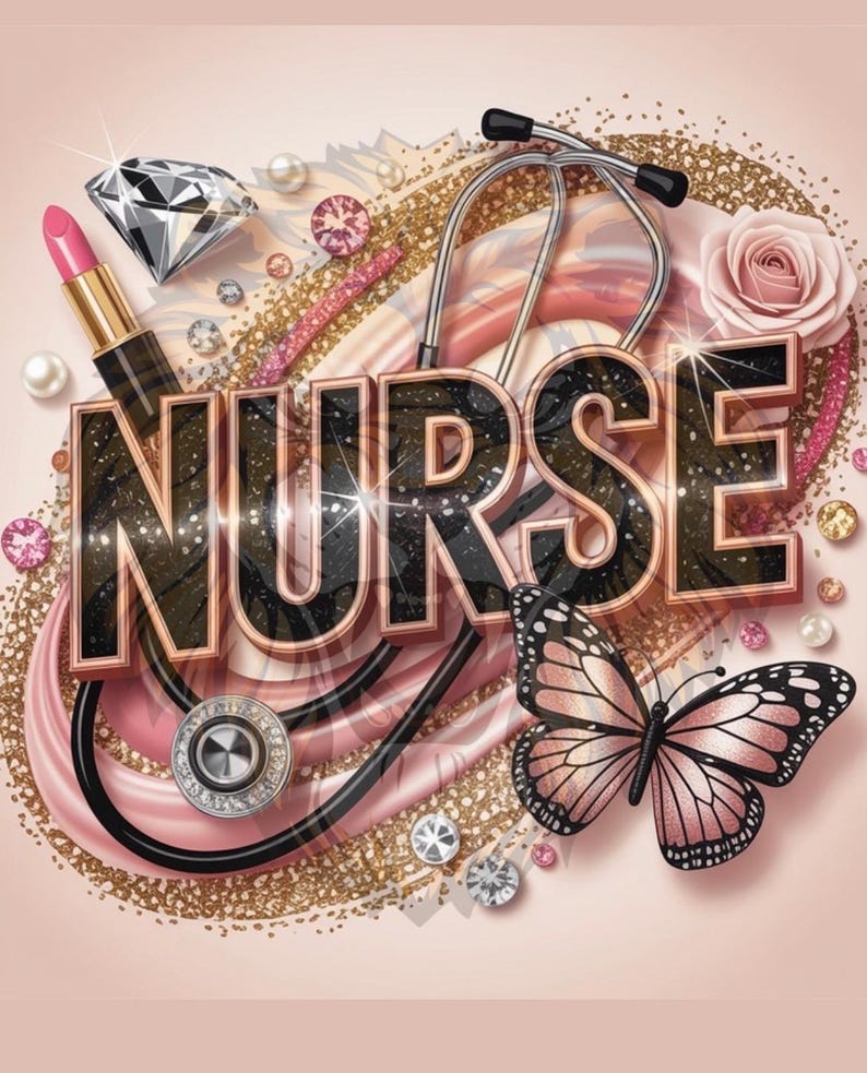 Puede incluir: Un dise&ntilde;o brillante en oro y rosa con la palabra "NURSE" en letras negras en negrita. El dise&ntilde;o incluye un estetoscopio, una mariposa, un diamante, un l&aacute;piz labial y perlas.