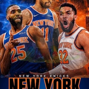 May include: A digital graphic featuring three basketball players in blue and white New York Knicks jerseys with numbers 25, 11, and 32. The background displays blue and orange light effects, the text NEW YORK, and the phrase Lets Go Knicks.