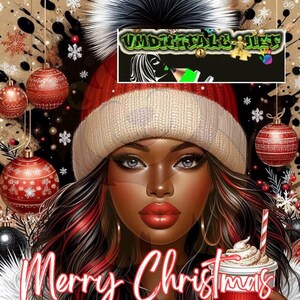 May include: A digital illustration of a Black woman wearing a red and white knit hat with a fluffy pom pom. She is holding a red cup with whipped cream and a straw. The background is a festive Christmas scene with red and gold ornaments and snowflakes. The text "Merry Christmas" is written in red letters at the bottom of the image.