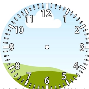 Könnte beinhalten: Ein Zifferblatt mit hellblauem Hintergrund, schwarzen Zahlen und Minutenmarkierungen. Die Zahlen 1 bis 12 sind dargestellt, mit einer grünen Landschaft am unteren Rand. Weiße Wolken sind oben auf dem Zifferblatt vorhanden.