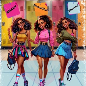 May include: An illustration of three young women in stylish outfits, each with a backpack, standing in front of lockers. The image includes the words "SMART", "Beautiful", and "Blessed" on sticky notes, and the phrase "HIGH SCHOOL VIBES" at the bottom.