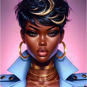 Puede incluir: Una ilustración digital de una mujer con piel marrón oscura. Tiene el pelo corto, azul oscuro con reflejos dorados. Lleva una chaqueta azul, pendientes de aro dorados y un collar de oro con un colgante.