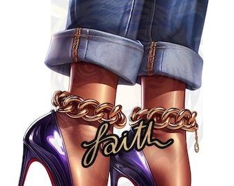 Peut inclure: Illustration de talons hauts violets avec des semelles rouges, des bracelets de cheville en chaîne dorée et un jean bleu retroussé. L'image comprend les mots "Walking by Faith" en violet et "faith" en or.