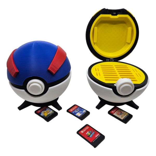 3D Printed Pokeballs with Switch game storage. Pokeball, Great Ball, Ultra Ball, Master Ball, Heavy Ball
