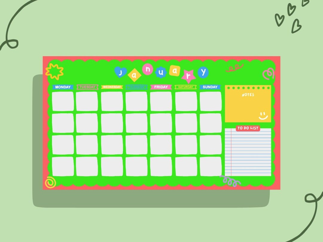 Empty Colorful Monthly Calendar for Kids Printable to Be Filled by ...