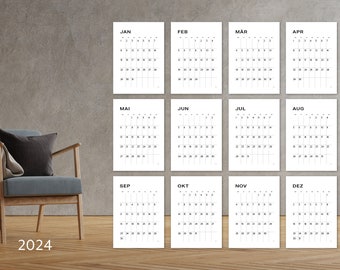 Kalender 2024 zum Downloaden, A4 Format, Monatsplaner, minimalistischer Jahresplaner zum Ausdrucken, herunterladen, Digitale PDF Datei