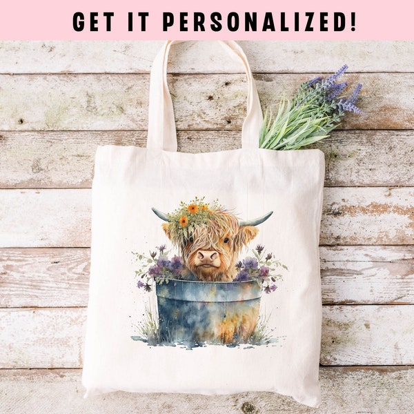 Custom Cow Canvas Tote Bag Floral Tote Bag Personalized Highland Cow Cute Tote Bag Cow with Flowers Cow Lovers Gift For Farmer Market Bag