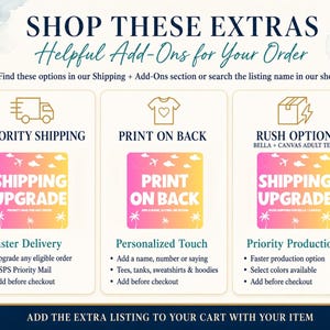 Peut inclure: Un graphique informatif intitul&eacute; SHOP THESE EXTRAS Helpful Add-Ons for Your Order. Il pr&eacute;sente trois colonnes : Priority Shipping avec une ic&ocirc;ne de camion, Print on Back avec une ic&ocirc;ne de t-shirt et Rush Option avec une ic&ocirc;ne de bo&icirc;te.