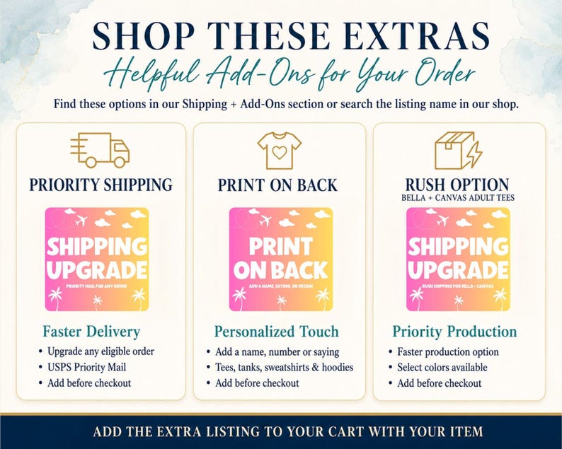 Peut inclure: Un graphique informatif intitul&eacute; SHOP THESE EXTRAS Helpful Add-Ons for Your Order. Il pr&eacute;sente trois colonnes : Priority Shipping avec une ic&ocirc;ne de camion, Print on Back avec une ic&ocirc;ne de t-shirt et Rush Option avec une ic&ocirc;ne de bo&icirc;te.