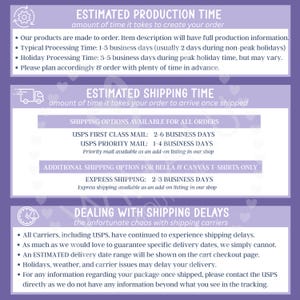 May include: A lilac-colored graphic with text detailing estimated production and shipping times. Information includes processing times, shipping options like USPS First Class and Priority Mail, and express shipping. It also addresses potential shipping delays.