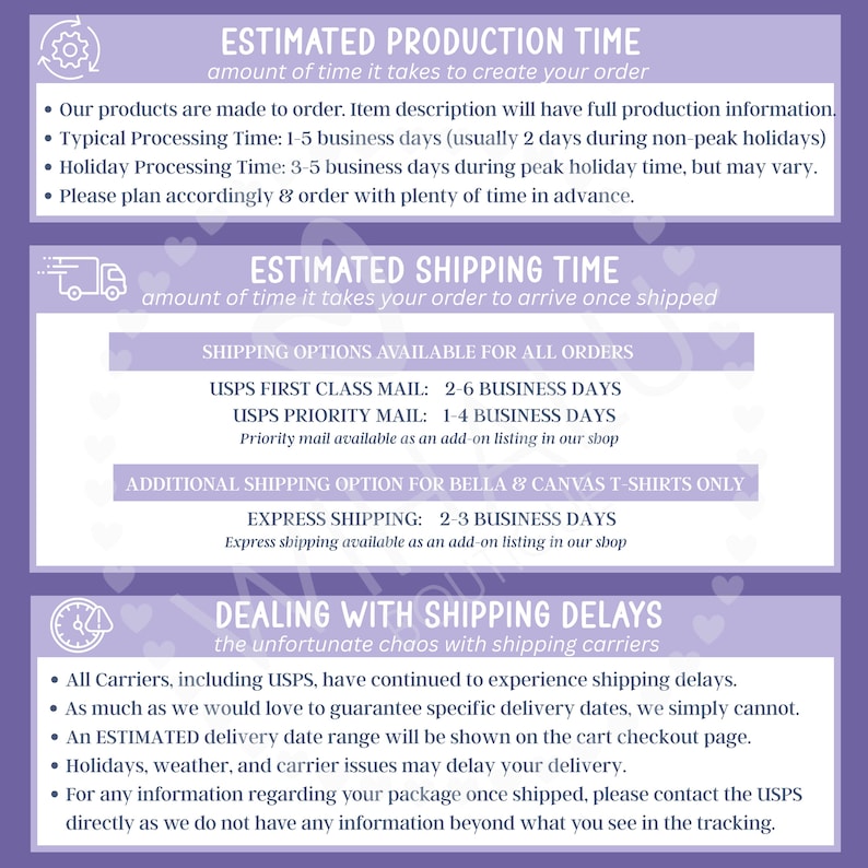 May include: A lilac-colored graphic with text detailing estimated production and shipping times. Information includes processing times, shipping options like USPS First Class and Priority Mail, and express shipping. It also addresses potential shipping delays.