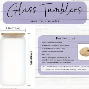 May include: A frosted glass tumbler with a wooden lid and clear straw. The image shows the tumbler's dimensions: 2.8 inches (7.2cm) in diameter and 5.9 inches (15cm) tall. The text reads "Glass Tumblers."