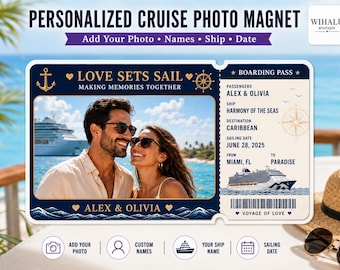 Imán para parejas de crucero, regalo personalizado, pase de embarque, decoración romántica para la puerta del camarote, luna de miel, aniversario, marido y mujer, imán con foto de crucero