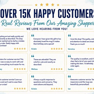 Peut inclure: Un affichage graphique blanc avec le texte OVER 15K HAPPY CUSTOMERS et Real Reviews From Our Amazing Shoppers. Il comprend neuf t&eacute;moignages clients dans des encadr&eacute;s individuels, chacun accompagn&eacute; de cinq &eacute;toiles dor&eacute;es et un nom.